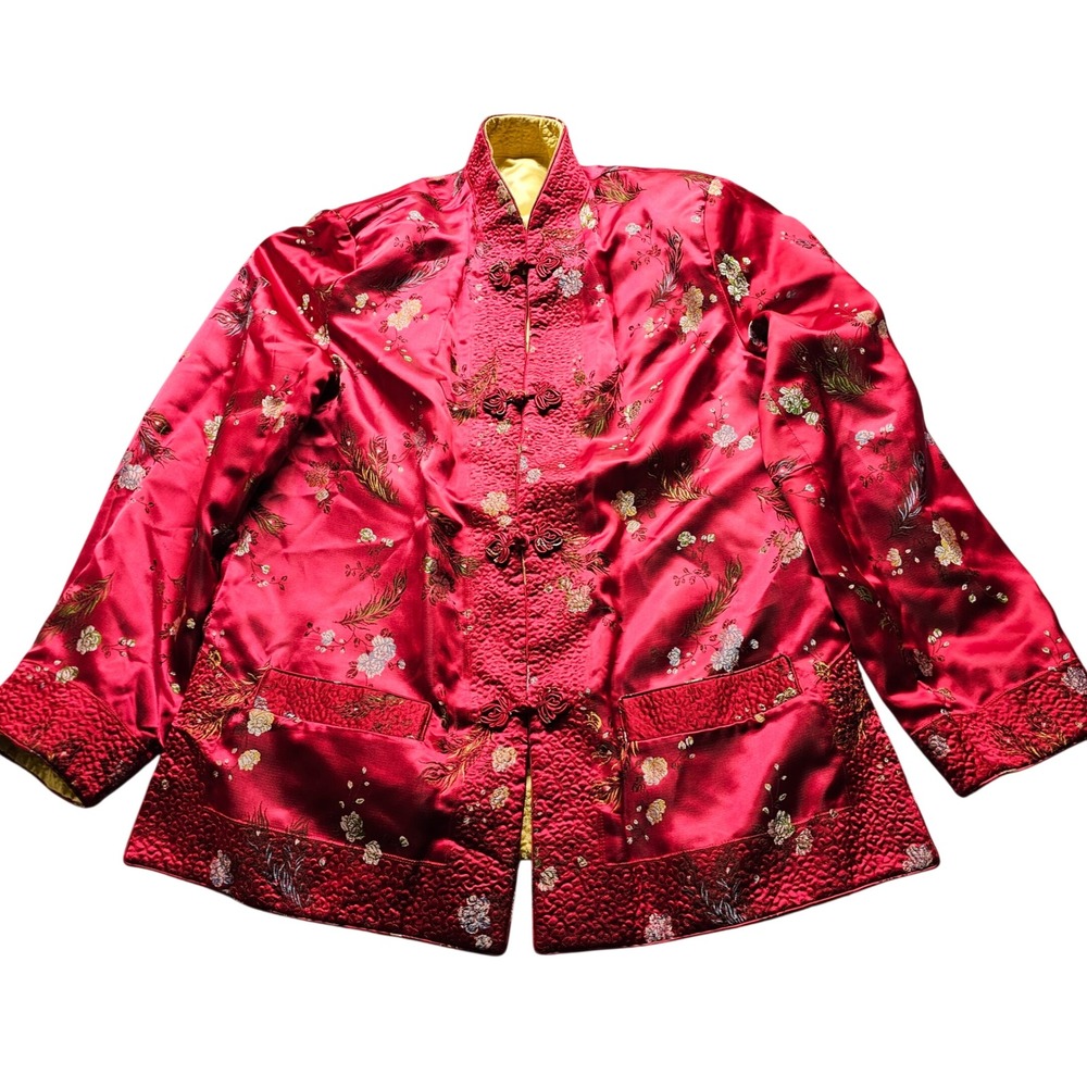 Vintage Reversible Silk Embroidered Tang Suit Jacket Red Gold Floral Peacock L